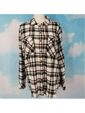 Sanctuary Boyfriend Plaid Shirt Large Fizz Plaid Button Up Flannel Top